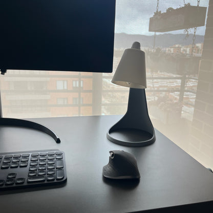 Lampara Curva Ash Gray + Blanco vista frontal en escritorio con monitor LG, teclado y ventana